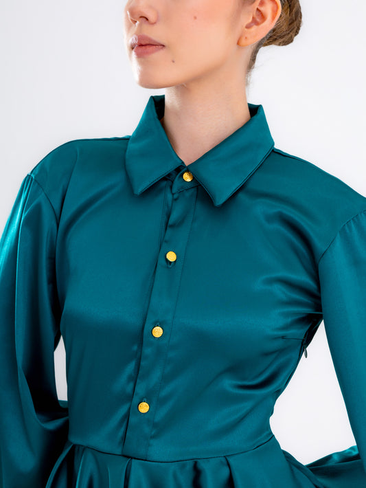 Vestido Corto de Satén Aguamarina