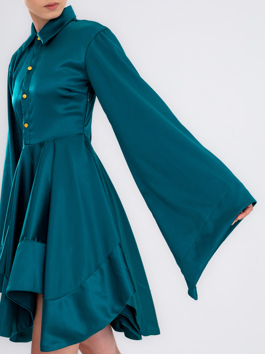 Vestido Corto de Satén Aguamarina
