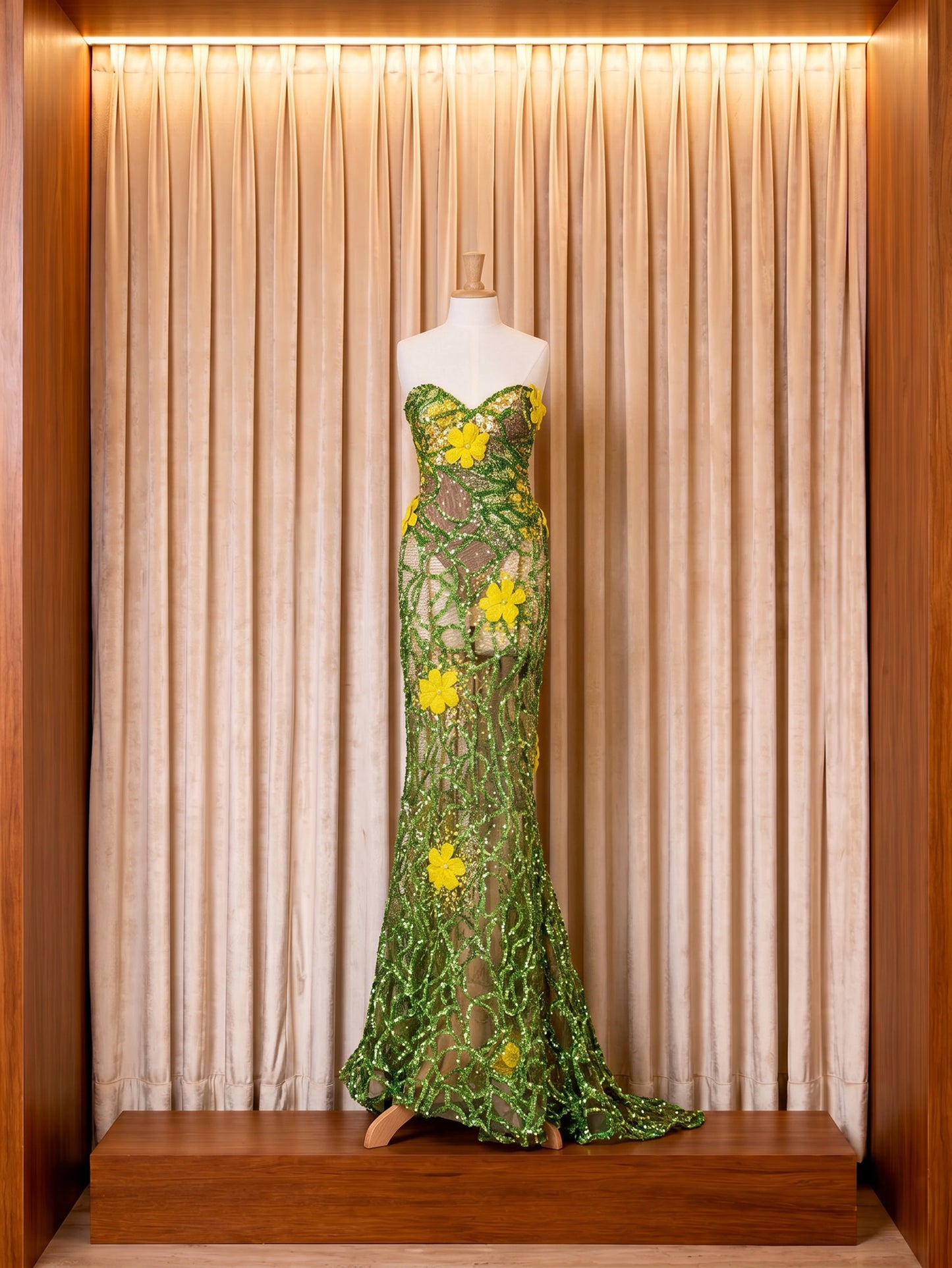 Vestido de gala girasol y verde