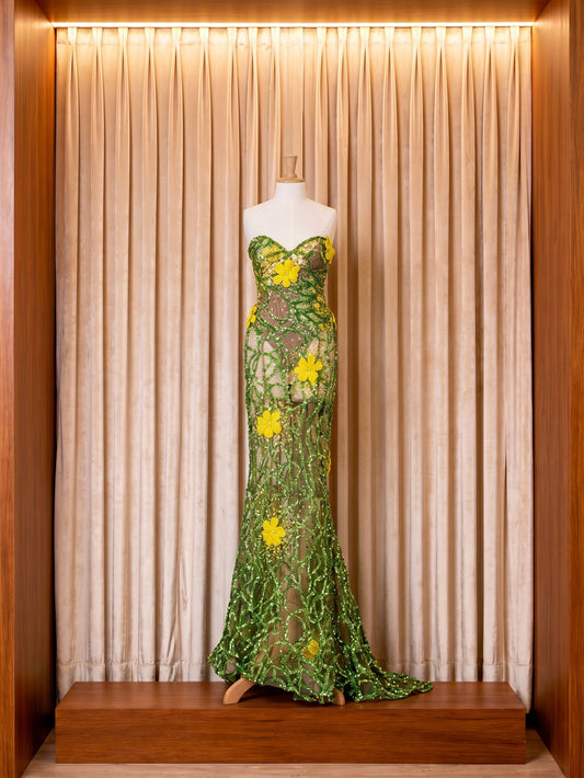 Vestido de gala girasol y verde