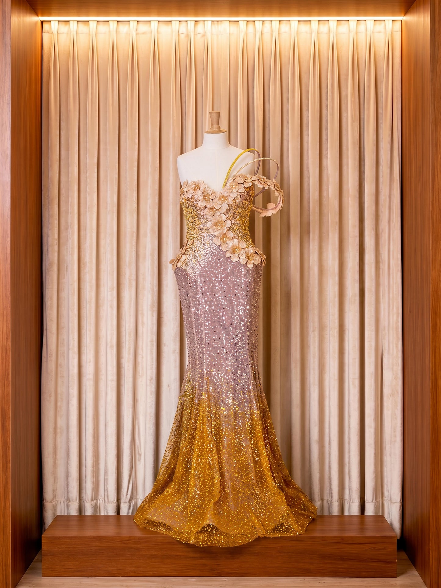 Vestido de gala malva y dorado