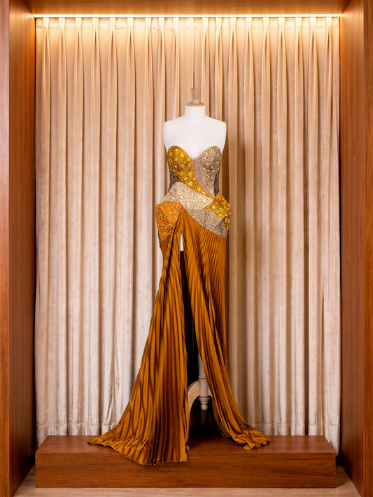 Vestido de gala Mostaza y Dorado