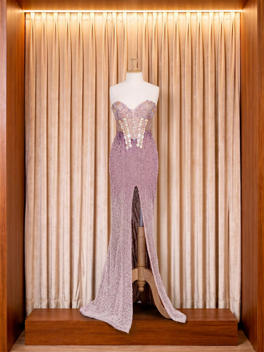 Vestido de gala malva y turquesa