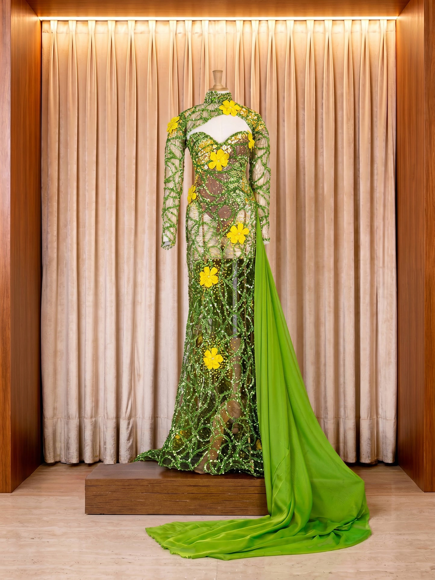Vestido de gala girasol y verde