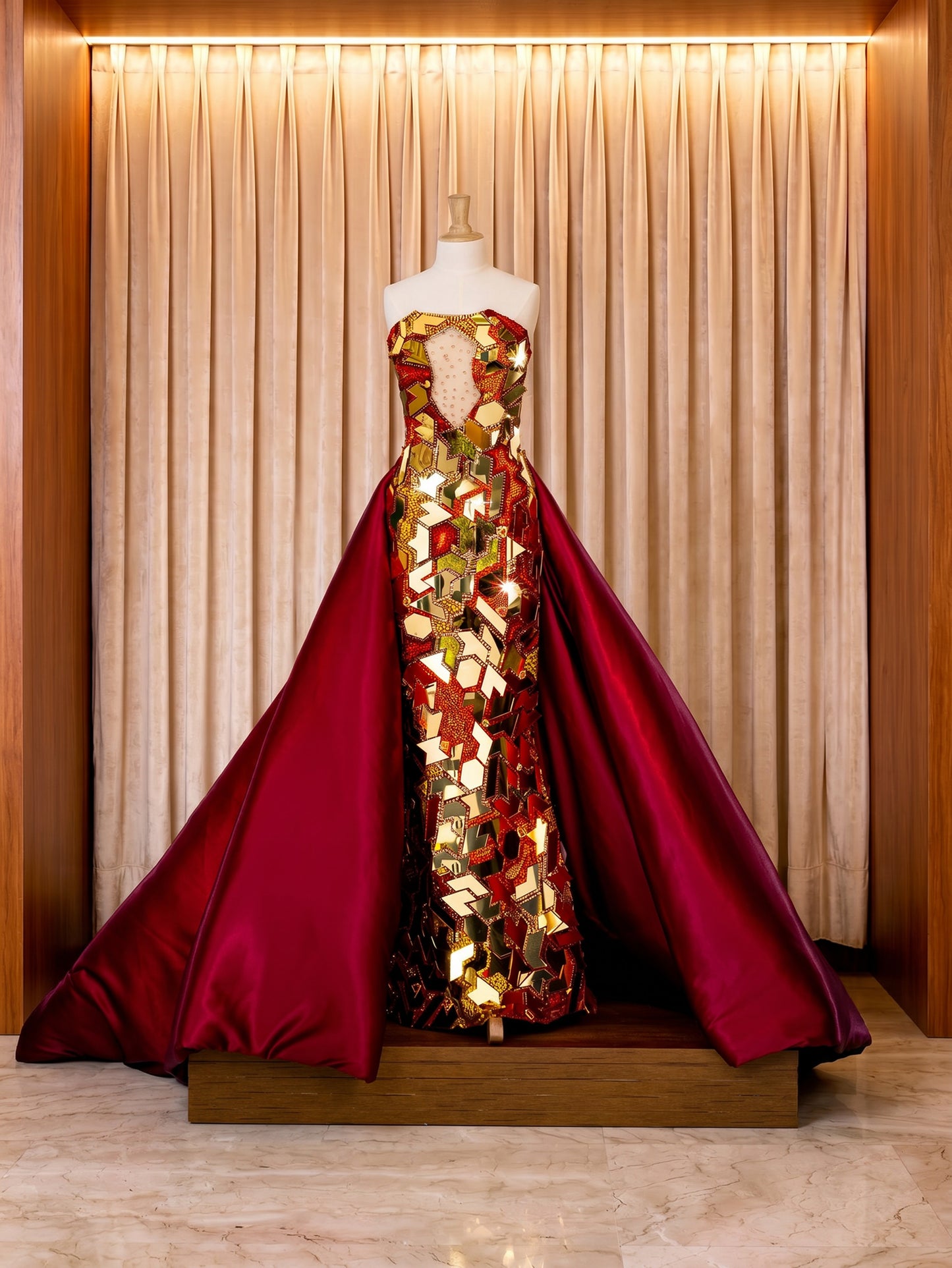 Vestido de gala rubí y oro