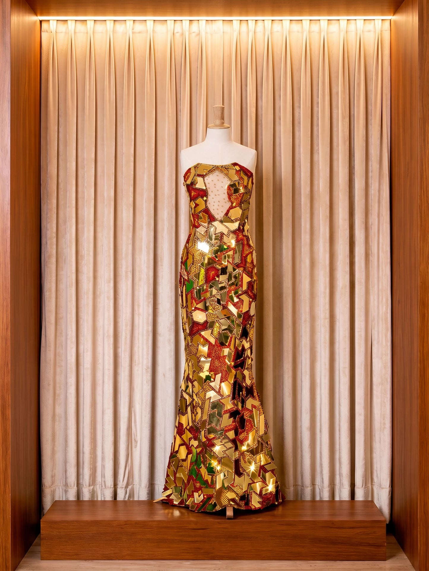 Vestido de gala rubí y oro